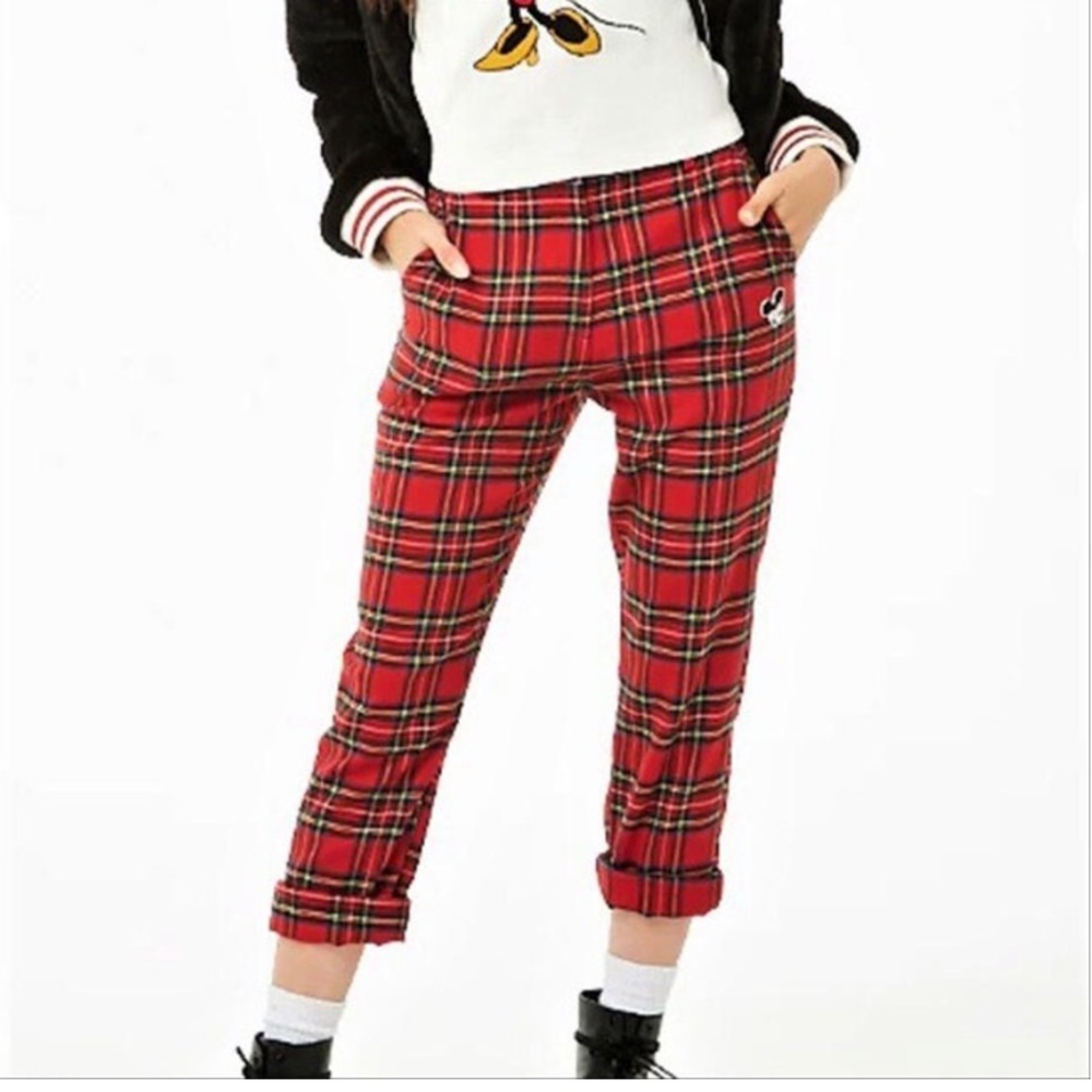FOREVER 21 Women's Mickey Mouse Patch Plaid Pants
